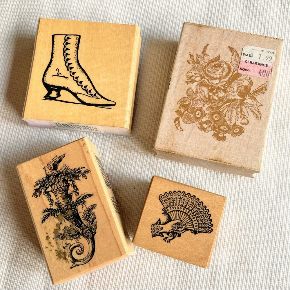 Group of 4 retro vintage wooden rubber stamps